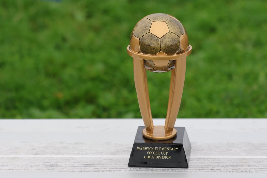 Golden soccer trophy with a ball on top, labeled 'Warwick Elementary Soccer Cup Girls Division', placed on a white surface with a green background.