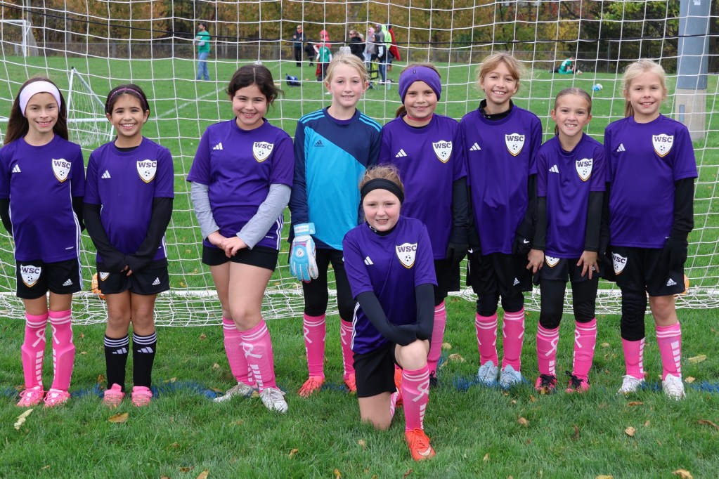 A youth soccer team of girls posing in front of a goal net, wearing purple jerseys with white logos and black shorts, along with pink socks. The group includes a goalkeeper in blue, and they all appear cheerful and ready for a game.